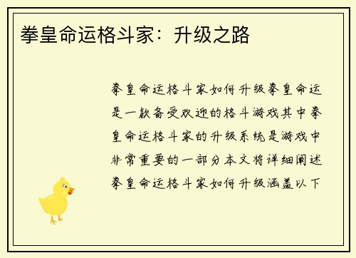 拳皇命运格斗家：升级之路