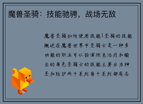 魔兽圣骑：技能驰骋，战场无敌